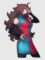 Rule 34 | 1girl, android 21, blue eyes, breasts, brown hair, checkered clothes, checkered dress, closed mouth, dragon ball, dragon ball fighterz, dress, earrings, glasses, grey background, hand on own hip, hoop earrings, jewelry, kemachiku, long hair, looking at viewer, medium breasts, pantyhose, pencil dress, simple background, solo