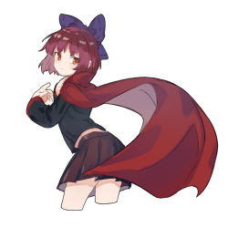Rule 34 | 1girl, bad hands, black shirt, bow, brown skirt, cape, closed mouth, cropped legs, hair bow, highres, long sleeves, looking at viewer, looking to the side, red cape, red eyes, red hair, sekibanki, shayuheisi, shirt, short hair, simple background, skirt, solo, touhou, white background