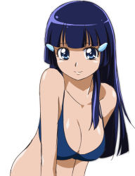 Rule 34 | 10s, 1girl, aoki reika, bikini, bikini top only, blue eyes, blue hair, breasts, eyelashes, long hair, looking at viewer, matching hair/eyes, oimanji, precure, simple background, smile, smile precure!, solo, swimsuit, white background