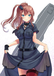 Rule 34 | 1girl, anchor, black dress, black gloves, blue eyes, breast pocket, breasts, brown hair, dress, fingerless gloves, flight deck, gloves, hair between eyes, kantai collection, large breasts, looking at viewer, mayura (lucadia), pocket, ponytail, red thighhighs, saratoga (kancolle), saratoga mk ii (kancolle), side ponytail, sidelocks, simple background, single glove, skirt hold, smokestack, smokestack hair ornament, solo, thighhighs, white background