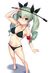 Rule 34 | 10s, 1girl, anchovy (girls und panzer), arm up, armband, armpits, bare arms, bare legs, bare shoulders, barefoot, bikini, black bikini, black ribbon, breasts, cleavage, closed mouth, collarbone, drill hair, eyebrows, foreshortening, from above, girls und panzer, green hair, hair between eyes, highres, holding, holding riding crop, kagematsuri, long hair, looking at viewer, looking up, medium breasts, navel, o-ring, o-ring bikini, o-ring bottom, red eyes, ribbon, riding crop, sidelocks, simple background, smile, solo, stomach, swimsuit, tareme, toes, twin drills, twintails, white background