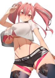 Rule 34 | 1girl, :q, arm behind back, arm up, azur lane, belt, bikini, bikini under clothes, black shorts, blue thighhighs, blush, bracelet, breasts, bremerton (azur lane), cleavage, collarbone, commentary request, covered erect nipples, cowboy shot, crop top, crop top overhang, cutoffs, denim, denim shorts, ear piercing, earrings, front-tie bikini top, front-tie top, furau, gluteal fold, grey belt, grey hair, hair between eyes, hair intakes, highleg, highleg swimsuit, highres, jewelry, large breasts, licking lips, long hair, looking at viewer, midriff, mole, mole under eye, multicolored hair, nail polish, navel, navel piercing, off-shoulder shirt, off shoulder, piercing, pink bikini, pink eyes, pink hair, pink nails, puffy nipples, salute, shadow, shirt, short shorts, short sleeves, shorts, sidelocks, simple background, skindentation, smile, solo, standing, streaked hair, swimsuit, thigh strap, thighhighs, tongue, tongue out, twintails, two-tone hair, two-tone legwear, two-tone shirt, underboob, white background