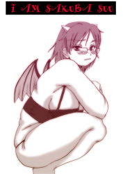 Rule 34 | 1girl, armpits, bikini, blush, borrowed character, bra, breasts, character name, commentary request, demon girl, demon horns, demon wings, glasses, hair ornament, hairclip, horns, large breasts, long hair, mini wings, monochrome, original, over-rim eyewear, p.i.l., panties, parted bangs, plump, profile, semi-rimless eyewear, short hair, sideboob, solo, squatting, swimsuit, thick thighs, thighs, underwear, underwear only, upper body, wings