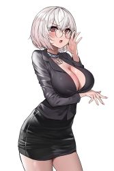 Rule 34 | adjusting eyewear, anchor choker, anchor necklace, arm under breasts, azur lane, bespectacled, black shirt, black skirt, blush, breast hold, breasts, choker, cleavage, cowboy shot, glasses, hand up, highres, jewelry, large breasts, long sleeves, looking at viewer, miniskirt, nail polish, necklace, office lady, open mouth, pencil skirt, pink nails, red eyes, round eyewear, shirt, short hair, simple background, sirius (azur lane), skirt, solo, suou-sensei, white background, white hair
