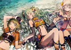 Rule 34 | 3girls, :d, aqua hair, beach, closed eyes, gloves, green hair, gumi, hatsune miku, holding, ia (vocaloid), jewelry, long hair, lying, midriff, multiple girls, navel, necklace, on back, open mouth, partially submerged, sitting, smile, tsukioka tsukiho, twintails, vocaloid, water, white hair