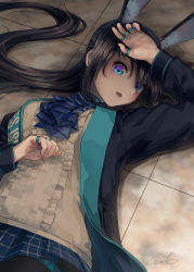 Rule 34 | 1girl, absurdres, amiya (arknights), animal ears, arknights, arm up, ascot, black jacket, black pantyhose, blue ascot, blue collar, blue eyes, blue skirt, brown hair, collar, cowboy shot, extra ears, highres, jacket, jewelry, long hair, long sleeves, looking at viewer, lying, multiple rings, neck ring, on back, open clothes, open jacket, open mouth, pantyhose, plaid, plaid skirt, pleated skirt, ponytail, rabbit ears, rabbit girl, ring, shirt, sidelocks, signature, skirt, solo, thighlet, thumb ring, tile floor, tiles, very long hair, welt (kinsei koutenkyoku), white shirt