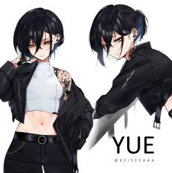 Rule 34 | 1girl, absurdres, belt, belt buckle, black hair, breasts, buckle, character name, commentary, cropped jacket, english commentary, hair between eyes, highres, jacket, keisea, long sleeves, looking at viewer, midriff, multiple views, navel, open clothes, open jacket, original, pants, short ponytail, simple background, small breasts, tattoo, twitter username, watermark, white background, yellow eyes, yue (keisea)