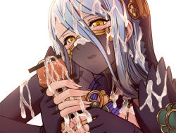 Rule 34 | 1girl, azura (fire emblem), bar censor, blue hair, blush, censored, cum, cum on clothes, cum on hair, facial, fingerless gloves, fingernails, fire emblem, fire emblem fates, focused, gloved handjob, gloves, hair between eyes, handjob, hetero, looking at viewer, mouth veil, myaan, nintendo, open mouth, out of frame, parted lips, penis, saijou satoru, see-through, simple background, smile, solo focus, veil, white background, yellow eyes