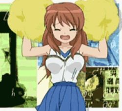 Rule 34 | 00s, 1girl, animated, animated gif, asahina mikuru, bouncing breasts, breasts, breasts apart, cheerleader, closed eyes, cowboy shot, dual wielding, gif artifacts, holding, hourglass, large breasts, lowres, math, open mouth, outstretched arms, pleated skirt, pom pom (cheerleading), raised eyebrows, screencap, skirt, solo, suzumiya haruhi no yuuutsu, tank top, tears, wince