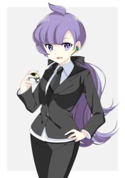 Rule 34 | 1girl, :d, absurdres, ahoge, anabel (pokemon), bad id, bad pixiv id, black bow, black jacket, black necktie, black pants, bow, collared shirt, cowboy shot, creatures (company), earrings, floating hair, formal, game freak, grey background, hair bow, highres, holding, holding poke ball, jacket, jewelry, long hair, long sleeves, looking at viewer, low ponytail, necktie, nintendo, open mouth, pant suit, pants, poke ball, pokemon, pokemon swsh, purple eyes, purple hair, shirt, smile, solo, standing, suit, ultra ball, very long hair, white shirt, wing collar, yuihico