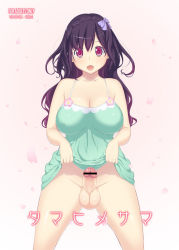 Rule 34 | 1girl, bar censor, bare shoulders, breasts, censored, cleavage, clothes lift, dress, erection, futanari, large breasts, long hair, open mouth, penis, petals, purple hair, red eyes, skirt, skirt lift, solo, standing, tamahimesama (artbook), testicles, uno makoto