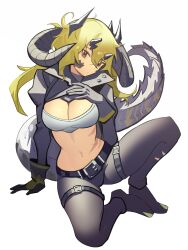 Rule 34 | 1girl, absurdres, arknights, asymmetrical gloves, bandeau, belt, black gloves, blonde hair, breasts, brown eyes, cleavage, commentary, crocodilian tail, distr, estelle (arknights), gloves, grey gloves, grey pants, highres, horns, large breasts, leggings, long hair, long sleeves, midriff, mismatched gloves, navel, pants, shoes, shrug (clothing), solo, stomach, tail, thigh strap, thighs