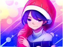 Rule 34 | 1girl, :3, commentary, doremy sweet, english commentary, eyes visible through hair, hat, light smile, looking at viewer, nightcap, pom pom (clothes), portrait, purple eyes, purple hair, short hair, solo, speckticuls, touhou