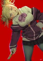 Rule 34 | 10s, 1girl, :q, black skirt, blonde hair, blush, boku no hero academia, bow, bowtie, breasts, collared shirt, commentary request, cosplay, double bun, fingernails, green nails, grey pantyhose, gridman universe, hair bun, hand in pocket, head tilt, highres, holding, jacket, justin leyva (steamy tomato), large breasts, leaning to the side, long sleeves, looking at viewer, messy hair, nail polish, off shoulder, pantyhose, pink bow, pink bowtie, pleated skirt, purple jacket, red background, shinjou akane, shinjou takane, shinjou takane (cosplay), shirt, signature, simple background, skirt, smile, solo, ssss.gridman, toga himiko, tongue, tongue out, white shirt, wing collar, yellow eyes