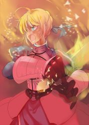 Rule 34 | 1girl, ahoge, armor, armored dress, artoria pendragon (fate), bad id, bad pixiv id, blonde hair, dress, excalibur (fate/stay night), fate/zero, fate (series), fengshen9489, gauntlets, green eyes, hair ribbon, invisible air (fate), ribbon, saber (fate), solo, sword, translucent, weapon