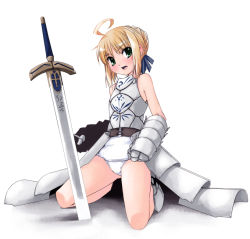 Rule 34 | 00s, 1girl, ahoge, aka ume, armor, armored dress, artoria pendragon (fate), blonde hair, dress, excalibur (fate/stay night), fate/stay night, fate (series), faulds, gauntlets, gloves, kneeling, no pants, one-piece swimsuit, saber (fate), school swimsuit, solo, swimsuit, swimsuit under clothes, sword, weapon, white school swimsuit, white one-piece swimsuit
