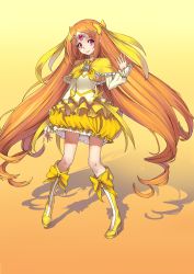 Rule 34 | 10s, 1girl, absurdres, bad id, bad pixiv id, boots, bow, brooch, brown hair, bubble skirt, circlet, cure muse, cure muse (yellow), frilled skirt, frills, full body, gradient background, hair bow, heart, highres, huai diao de zongzi, jewelry, knee boots, long hair, looking at viewer, magical girl, orange background, pink eyes, precure, shadow, shirabe ako, skirt, smile, solo, suite precure, two-tone background, very long hair, yellow background, yellow bow, yellow footwear, yellow skirt