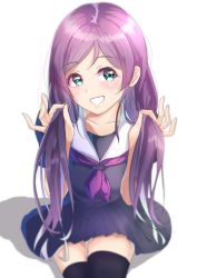 Rule 34 | 1girl, artist name, artist request, black legwear, black shirt, black skirt, blush, collarbone, female focus, green eyes, gyouza makoto2, highres, holding, holding own hair, long hair, looking at viewer, love live!, love live! school idol project, parted lips, purple hair, purple neckwear, sailor collar, shirt, skirt, smile, solo, teeth, tojo nozomi, twintails, white background