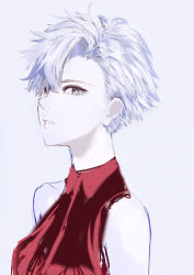 Rule 34 | 1girl, bare shoulders, expressionless, grey background, grey eyes, hair over one eye, looking at viewer, original, red shirt, sakimori (hououbds), shirt, short hair, simple background, sleeveless, sleeveless shirt, solo, spiked hair, standing, turtleneck, upper body, white hair