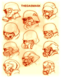 Rule 34 | gas mask, helmet, jin-roh, kerberos saga, mask, monochrome, protect-gear (jin roh), sketch, susagane, upper body, yellow background
