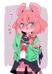 Rule 34 | 1girl, animal ears, black panties, black thighhighs, blue eyes, blue skirt, blush, braid, cardigan, clothes lift, fig sign, furry, furry female, glasses, gluteal fold, green cardigan, groin, hand gesture, hand on own face, highres, holding, holding clothes, holding panties, holding underwear, lifting own clothes, lifted by tail, long hair, mouse ears, mouse girl (yuuki (yuyuki000)), mouse tail, no panties, open mouth, original, panties, unworn panties, penetration gesture, pussy, school uniform, serafuku, shirt, skirt, skirt lift, smile, solo, tail, thighhighs, twin braids, uncensored, underwear, white shirt, yuuki (yuyuki000)