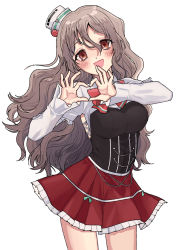 Rule 34 | 1girl, bow, bowtie, brown eyes, corset, cowboy shot, grey hair, hat, heart, heart hands, kantai collection, long hair, looking at viewer, mini hat, miniskirt, pola (kancolle), red shirt, shirt, simple background, skirt, smile, solo, standing, thick eyebrows, tilted headwear, waco, wavy hair, white background, white shirt