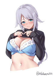 Rule 34 | 1girl, alternate costume, black shirt, blue bra, blue eyes, blush, bra, braid, breasts, clothes lift, cowboy shot, ebifurya, hair between eyes, hair flaps, hair tie, highres, kantai collection, large breasts, lifting own clothes, lips, long hair, long sleeves, looking at viewer, mole, mole under eye, navel, one-hour drawing challenge, ribbed shirt, shirt, shirt lift, silver hair, simple background, single braid, solo, twitter username, umikaze (kancolle), underwear, upper body, very long hair, white background