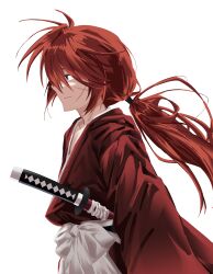 Rule 34 | 1boy, absurdres, closed mouth, commentary, from side, highres, himura kenshin, japanese clothes, katana, kimono, long hair, long sleeves, male focus, mena (menappippi), ponytail, purple eyes, red hair, red kimono, rurouni kenshin, sash, sheath, sheathed, simple background, solo, sword, upper body, weapon, white background, white sash