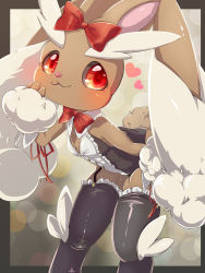 Rule 34 | 1girl, :3, animal ears, animal nose, bare shoulders, black sclera, black thighhighs, blurry, blush, body fur, bokeh, border, bow, bowtie, brown border, brown fur, buttons, closed mouth, clothed pokemon, colored sclera, creatures (company), depth of field, fake animal ears, female focus, flat chest, frilled leotard, frilled thighhighs, frills, furry, furry female, game freak, garter straps, gen 4 pokemon, hair bow, hand to own mouth, hand up, happy, heart, highres, kakiikada, leaning forward, leotard, looking to the side, lopunny, multicolored leotard, nintendo, outside border, playboy bunny, pokemon, pokemon (creature), rabbit ears, rabbit girl, rabbit tail, red bow, red bowtie, red eyes, smile, solo, standing, thighhighs, two-tone fur, white fur, wrist cuffs