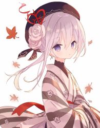 Rule 34 | 1girl, black hat, character request, closed mouth, flower, from side, hair flower, hair ornament, hat, japanese clothes, kimono, leaf, long hair, mizumizu (phoenix), purple eyes, simple background, sinoalice, solo, striped clothes, striped kimono, white background, white hair