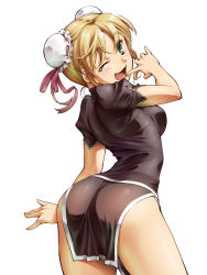 Rule 34 | 1girl, ;d, arched back, ass, blonde hair, blush, bun cover, china dress, chinese clothes, double bun, dress, fang, from behind, green eyes, hair bun, jon shicchiou, looking at viewer, looking back, one eye closed, open mouth, quiz magic academy, ribbon, short hair, simple background, smile, solo, white background, yang yang