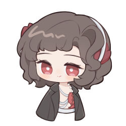 Rule 34 | 1girl, ai chi guobaoyou, black hair, black jacket, blush, chibi, closed mouth, cropped torso, curly hair, dress, feather dress, feather hair ornament, feathers, hair ornament, hairband, highres, jacket, looking at viewer, red dress, red eyes, reverse:1999, schneider (reverse:1999), short hair, smile, solo, upper body, white background, white hairband