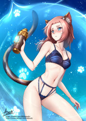 Rule 34 | 1girl, adsouto, aged up, animal ear fluff, animal ears, bare arms, blue bra, blue eyes, blue panties, blush, bottle, bra, breasts, cat ears, cat girl, cat tail, cleavage, collarbone, diona (genshin impact), fang, fang out, genshin impact, highleg, highleg panties, highres, holding, holding bottle, lingerie, long hair, navel, panties, pink hair, signature, small breasts, solo, straight hair, tail, underwear, underwear only, watermark, web address