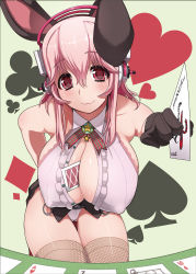 Rule 34 | 1girl, :3, ace (playing card), animal ears, bad id, bad pixiv id, bare shoulders, between breasts, black gloves, breasts, buttons, card, card between breasts, cleavage, cleavage cutout, clothing cutout, clubs, covered erect nipples, croupier, diamond (shape), fake animal ears, fishnet thighhighs, fishnets, foreshortening, frills, gloves, green background, hair between eyes, hairband, halterneck, hand on own hip, hanging breasts, headphones, heart, holding, holding card, huge breasts, joker (playing card), kemonomimi mode, lace, leaning forward, leotard, light smile, long hair, looking at viewer, miyamoto issa, necktie, nitroplus, outstretched arm, pink eyes, pink hair, playboy bunny, playing card, queen, queen (playing card), rabbit ears, sideboob, smile, solo, spade, star (symbol), striped, super sonico, table, thigh gap, thighhighs