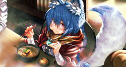 Rule 34 | 1boy, 1girl, aburaage, ajirogasa, animal ear fluff, animal ears, backlighting, bandaged arm, bandages, blue hair, chopsticks, closed mouth, commentary request, eating, food, food focus, fox ears, fox tail, hair between eyes, hand on headwear, hand up, haori, hat, highres, holding, holding chopsticks, indoors, japanese clothes, jewelry, light blue hair, long hair, long sleeves, looking at viewer, low ponytail, magatama, magatama necklace, murasame sukehiro (tenka hyakken), necklace, noodles, orange scarf, patchwork fat., ramen, red eyes, scarf, shirt, smile, solo focus, table, tail, tenka hyakken, white shirt