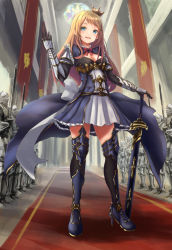 Rule 34 | 1girl, armor, armored dress, bad perspective, blonde hair, blue eyes, boots, bow, bowtie, breasts, cleavage, cleavage cutout, clothing cutout, crown, eneo, full armor, gauntlets, high heel boots, high heels, holding, holding sword, holding weapon, long hair, looking at viewer, mini crown, original, planted sword, planted, red carpet, red ribbon, ribbon, sheath, sheathed, smile, solo focus, stained glass, sword, thigh boots, thighhighs, weapon, zettai ryouiki