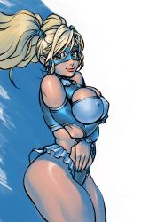 Rule 34 | 1990s (style), 1girl, absurdres, bad id, bad pixiv id, blonde hair, blue eyes, breast hold, breasts, capcom, cleavage, cleavage cutout, clothing cutout, covered erect nipples, frills, gesutoyu-za, highres, large breasts, leotard, lips, long hair, mask, rainbow mika, smile, solo, street fighter, street fighter zero (series), thick thighs, thighs, twintails, wrestling outfit