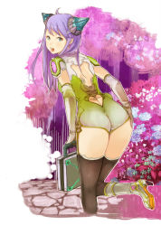Rule 34 | 1girl, ahoge, ass, black thighhighs, blue eyes, boots, briefcase, earrings, elbow gloves, female focus, gloves, green eyes, hair ornament, hairclip, high heels, jewelry, knee boots, leg up, long hair, looking back, mole, mole under mouth, nature, open mouth, original, plant, purple hair, shigureteki, shoes, solo, thighhighs
