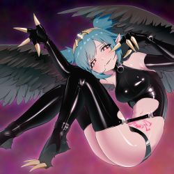 Rule 34 | 1girl, animal feet, bare shoulders, black feathers, black wings, blue hair, breasts, claws, feathers, harpy, heart, heart-shaped pupils, highres, indie virtual youtuber, latex, latex legwear, latex thighhighs, lincoro, looking at viewer, monster girl, pointy ears, red eyes, saiakugenjin, short hair, short twintails, solo, stomach tattoo, symbol-shaped pupils, talons, tattoo, thighhighs, tiara, twintails, virtual youtuber, winged arms, wings