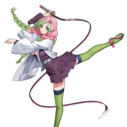 Rule 34 | 1girl, arm up, belt, belt buckle, braid, buckle, closed mouth, demon slayer uniform, floating hair, full body, green eyes, green hair, green thighhighs, grey belt, haori, highres, holding, holding sword, holding weapon, jacket, japanese clothes, kanroji mitsuri, kimetsu no yaiba, long hair, long sleeves, miniskirt, mole, mole under eye, multicolored hair, open clothes, open jacket, peach luo, pink hair, pleated skirt, purple jacket, purple skirt, simple background, skirt, smile, solo, standing, standing on one leg, sword, thighhighs, tri braids, two-tone hair, very long hair, weapon, white background, zettai ryouiki