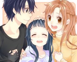 Rule 34 | 10s, asuna (sao), black hair, brown hair, casual, child, curry gohan, family, hand on another&#039;s head, holding hands, kirito, smile, sword art online, yui (sao)