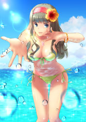 Rule 34 | 1girl, absurdres, bikini, blue eyes, bracelet, breasts, cloud, day, flower, frilled hairband, frills, green bikini, grey hair, hair flower, hair ornament, hairband, heart, hibiscus, highres, jewelry, leaning forward, lens flare, long hair, looking at viewer, medium breasts, navel, necklace, ocean, open mouth, original, outdoors, puriketsu corgy, red hairband, ring, side-tie bikini bottom, smile, solo, splashing, swimsuit, wading, water, water drop, wet