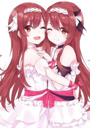 Rule 34 | 2girls, :d, ;), ;d, bare shoulders, black choker, blush, bow, choker, closed mouth, copyright request, detached sleeves, dress, from side, hair between eyes, hair bow, hand up, highres, idolmaster, idolmaster shiny colors, looking at viewer, looking to the side, minikon, multiple girls, one eye closed, open mouth, orange eyes, osaki amana, osaki tenka, red hair, short sleeves, siblings, simple background, sisters, smile, twins, white background, white bow, white choker, white dress, wristband