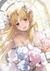 Rule 34 | 1girl, akatsuki hijiri, blonde hair, church, dress, ereshkigal (fate), fate/grand order, fate (series), flower, highres, jewelry, looking at viewer, open mouth, red eyes, ring, smile, twintails, wedding, wedding dress, white flower