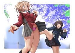 Rule 34 | 2girls, absurdres, accidental exposure, annoyed, assisted exposure, backpack, bag, belt, black hair, black socks, blonde hair, blue belt, blue dress, blue ribbon, blurry, blurry background, blush, border, boxer briefs, breasts, chisato and takina kicking each other&#039;s butt (meme), clenched teeth, collared shirt, commentary request, dress, grey dress, hair ribbon, highres, inoue takina, kicking, loafers, long hair, lycoris recoil, lycoris uniform, male underwear, medium breasts, meme, multiple girls, neck ribbon, nishikigi chisato, open mouth, outside border, panties, pantyshot, pink panties, pleated dress, power lines, purple eyes, red belt, red dress, red eyes, red ribbon, ribbon, shirt, shoes, short hair, skindentation, socks, string panties, surprised, teeth, thighs, tree, two-tone dress, underwear, utility pole, white border, white shirt, yagi (joe731842)