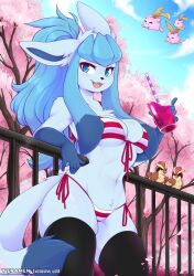 Rule 34 | 1girl, :3, against railing, animal ears, animal nose, artist name, bare shoulders, bikini, bird, black thighhighs, blue eyes, blue fur, blue hair, blue sky, blush, body fur, breasts, cherry blossoms, cloud, collarbone, cowboy shot, creatures (company), cup, day, disposable cup, drink, drinking straw, english text, fangs, female focus, front-tie bikini top, front-tie top, furry, furry female, game freak, gen 1 pokemon, gen 2 pokemon, gen 4 pokemon, glaceon, hand up, happy, highres, holding, holding cup, holding drink, hoppip, light blush, long hair, looking at viewer, matching hair/eyes, medium breasts, multicolored hair, navel, nintendo, open mouth, outdoors, personification, petals, pidgey, pokemon, pokemon (creature), ponytail, railing, red bikini, side-tie bikini bottom, sidelocks, skin fangs, skindentation, sky, slushie, smile, solo focus, standing, stomach, string bikini, striped bikini, striped clothes, swimsuit, tail, teranen, thick thighs, thighhighs, thighs, tongue, tree, twitter username, two-tone fur, two-tone hair, underboob, watermark