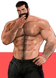 Rule 34 | 1boy, abs, arm hair, bara, beard, biceps, black eyes, black hair, chest hair, denim, dopey (dopq), facial hair, hairy, hand on own hip, hand on own face, highres, jeans, large pectorals, male focus, manly, mature male, muscular, muscular male, navel, navel hair, nipples, original, pants, pectorals, short hair, smile, solo, thick arms, thick eyebrows, topless male, veins, veiny arms