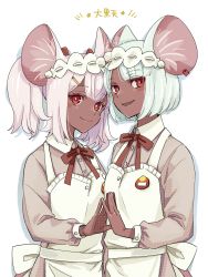 Rule 34 | 2girls, animal ears, apron, blush, breasts, collared shirt, daikokuten (fate), dark-skinned female, dark skin, fate/grand order, fate (series), grey shirt, highres, long sleeves, looking at viewer, maid headdress, medium breasts, mouse ears, mouse girl, multiple girls, open mouth, pink hair, red eyes, shirt, short hair, smile, tekuteku aruko, twintails, white apron, white hair