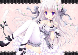 Rule 34 | 1girl, :d, animal ears, blush, bow, bridal garter, cat ears, cat tail, dress, flower, frills, hair bow, hair flower, hair ornament, hasekura chiaki, high heels, interlocked fingers, legs, letterboxed, long hair, looking at viewer, open mouth, original, own hands together, purple eyes, ribbon, smile, tail, tail ornament, tail ribbon, thighhighs, white hair, white thighhighs, wrist cuffs