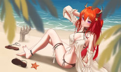 Rule 34 | 1girl, :o, anklet, arknights, arm up, ass, bad anatomy, bare shoulders, barefoot, beach, bikini, black bikini, blush, breasts, brown footwear, burnt clothes, chain, cleavage, criss-cross halter, day, detached sleeves, duplicate, hair between eyes, hair ornament, hair rings, halterneck, hand in own hair, horns, jewelry, knee up, large breasts, long sleeves, nail polish, official alternate costume, on ground, open mouth, outdoors, pink nails, purple eyes, red hair, sand sculpture, sandals, unworn sandals, side-tie bikini bottom, sitting, skindentation, solo, star (symbol), star hair ornament, starfish, surtr (arknights), surtr (colorful wonderland) (arknights), swimsuit, swimsuit cover-up, toenail polish, toenails, twisted torso, water, z.m. (zimin)